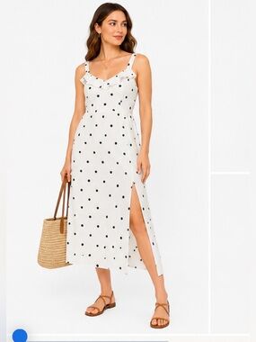 Old Navy Polka Dot Linen Blend Midi Dress Small Classic Ruffle Neck Side Slit